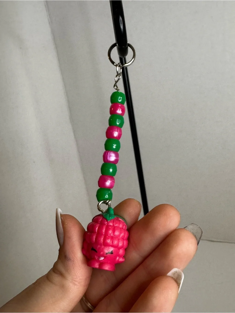 Shopkins Pink Raspberry Bead Keychain with Green Bead Accents